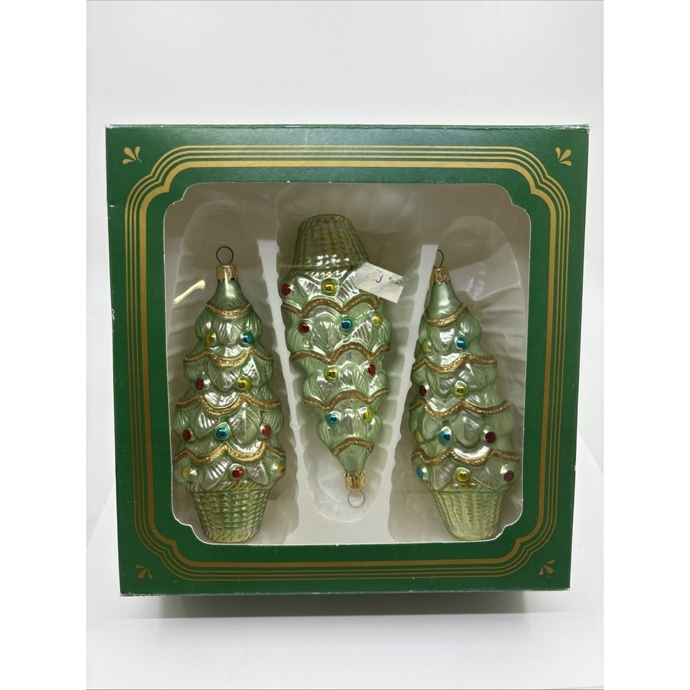 Vintage Kurt Adler Christmas Tree Glass Ornaments Decorated Tree Set Of 3 Box - Picture 1 of 6